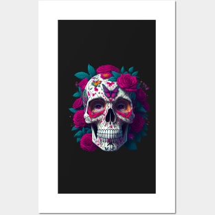 Funny Sugar Candy Skull With Flowers Posters and Art